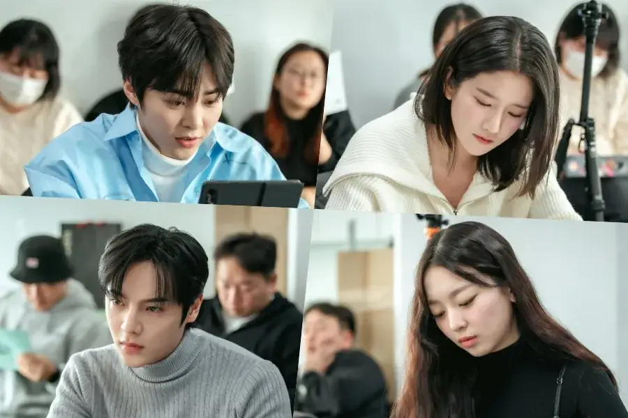 EXO's Xiumin, WJSN's Exy, Lee Soo Min, And More Immerse Themselves In Their Roles At "Heo's Diner" Script Reading 그림